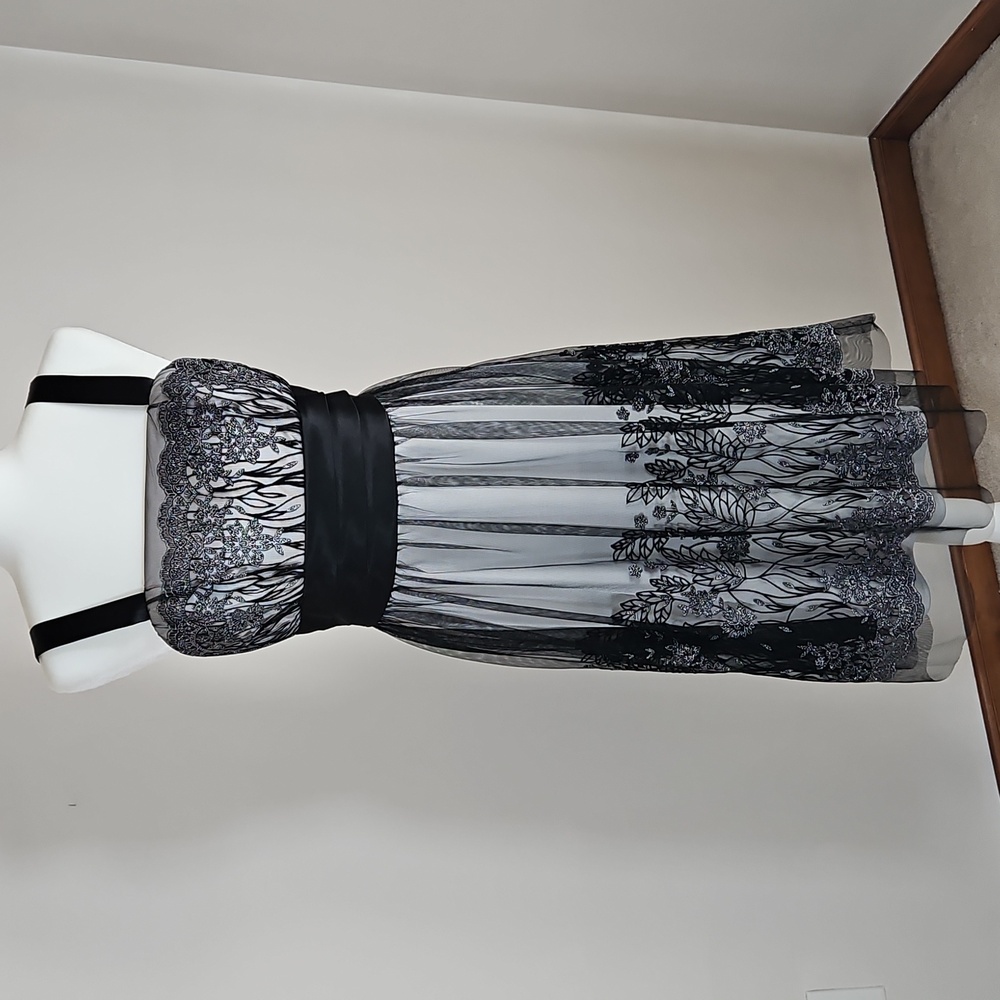 Whimsigoth Midi Dress Black Overlay Grey Mettalic Embroidery SZ10 Y2K Fairy